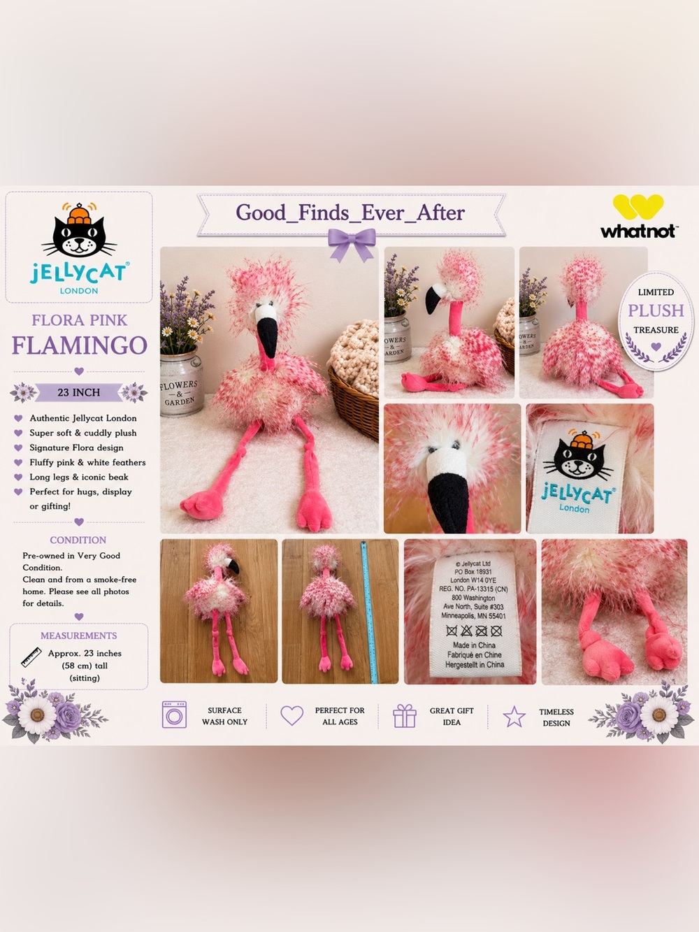 Jellycat London Plush Flora Pink flamingo 23" Fluffy Stuffed Bird Coral Fluffy
